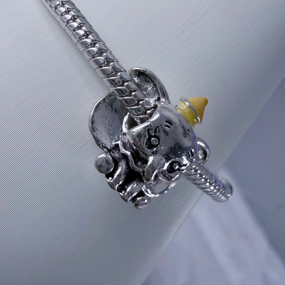 Silver Elephant Bead Charm Fits Snake Chain Bracelet Yellow Hat Animal Jewelry - Picture 9 of 10